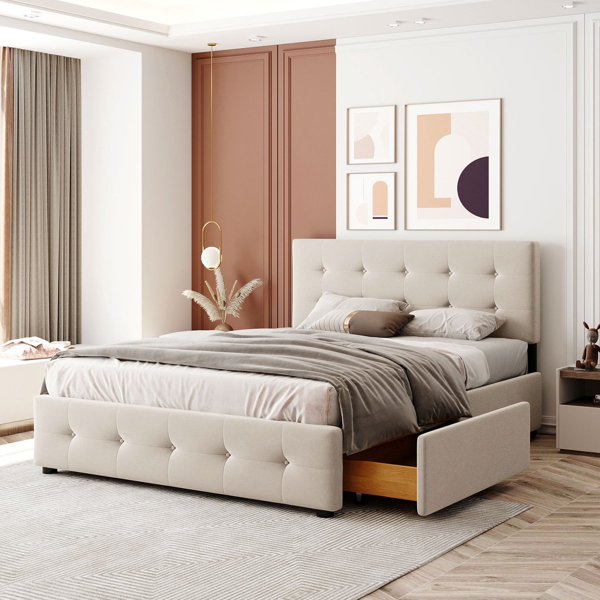 Merax 140 x 200 cm Gestoffeerd bed met laden - tweepersoonsbed met lattenbodem en rugleuning - beige - zonder matras