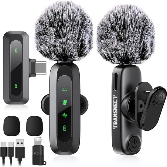 TRANSNECT - Microphone sans fil - 2 pièces - Microphone sans fil - Microphone cravate sans fil - Microphone Bluetooth - Microphone cravate - Récepteur USB-C et 8 broches - Convient à tous les téléphones