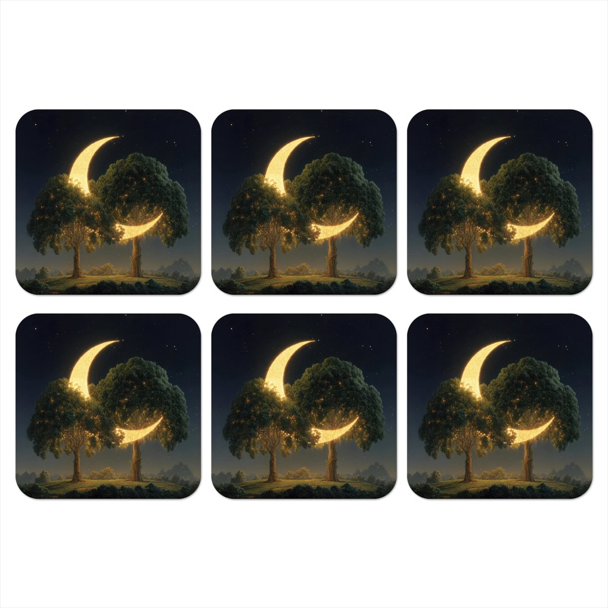 Onderzetters voor glazen - Maan - Bomen - Rust - 10x10 cm - Glasonderzetters - 6 stuks