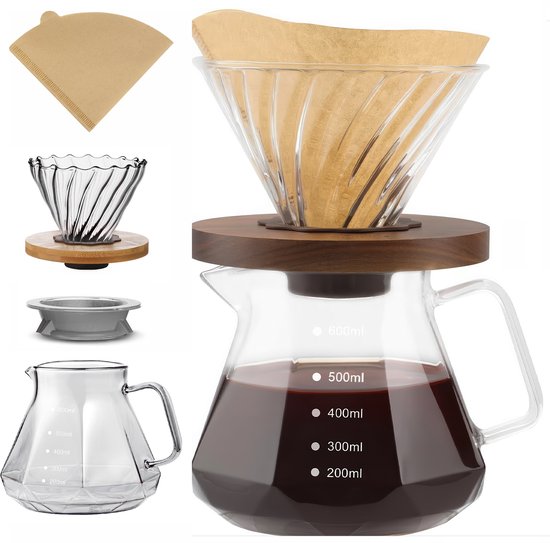 Borosilicaatglas Koffiepot met Deksel, Pour Over Koffiefilterhouder & 40 Koffiefilters - 600 ML - Slow Coffee Maker Kit - V60 Cafetière - Koffiekan - Dripper Koffiemaker - Handmatig Filterkoffie Koffiezetapparaat met Herbruikbaar Koffie Filter Houder