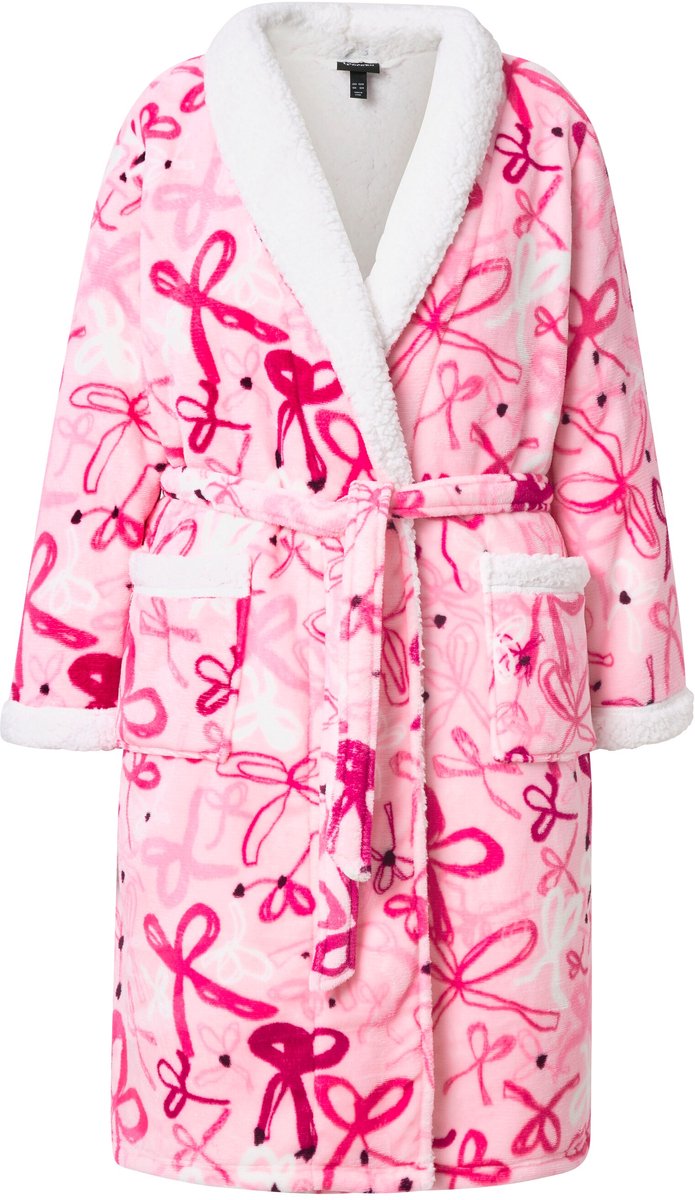 Ulla Popken - Dames - Badjas strikjes sjaalkraag pluche lange mouwen - Babyroze - Maat 50+
