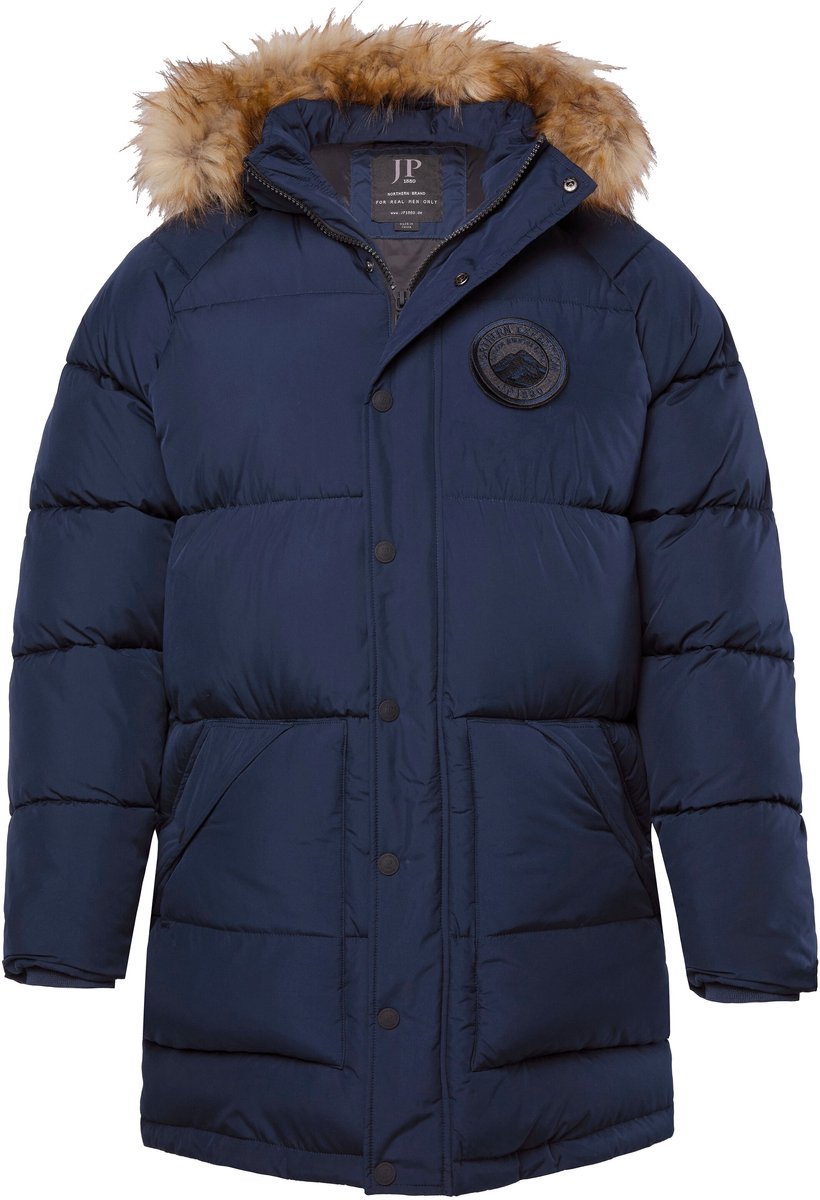 JP 1880 - Heren - Doorgestikte parka capuchon geweven bont badges - Navy blauw - Maat 4XL