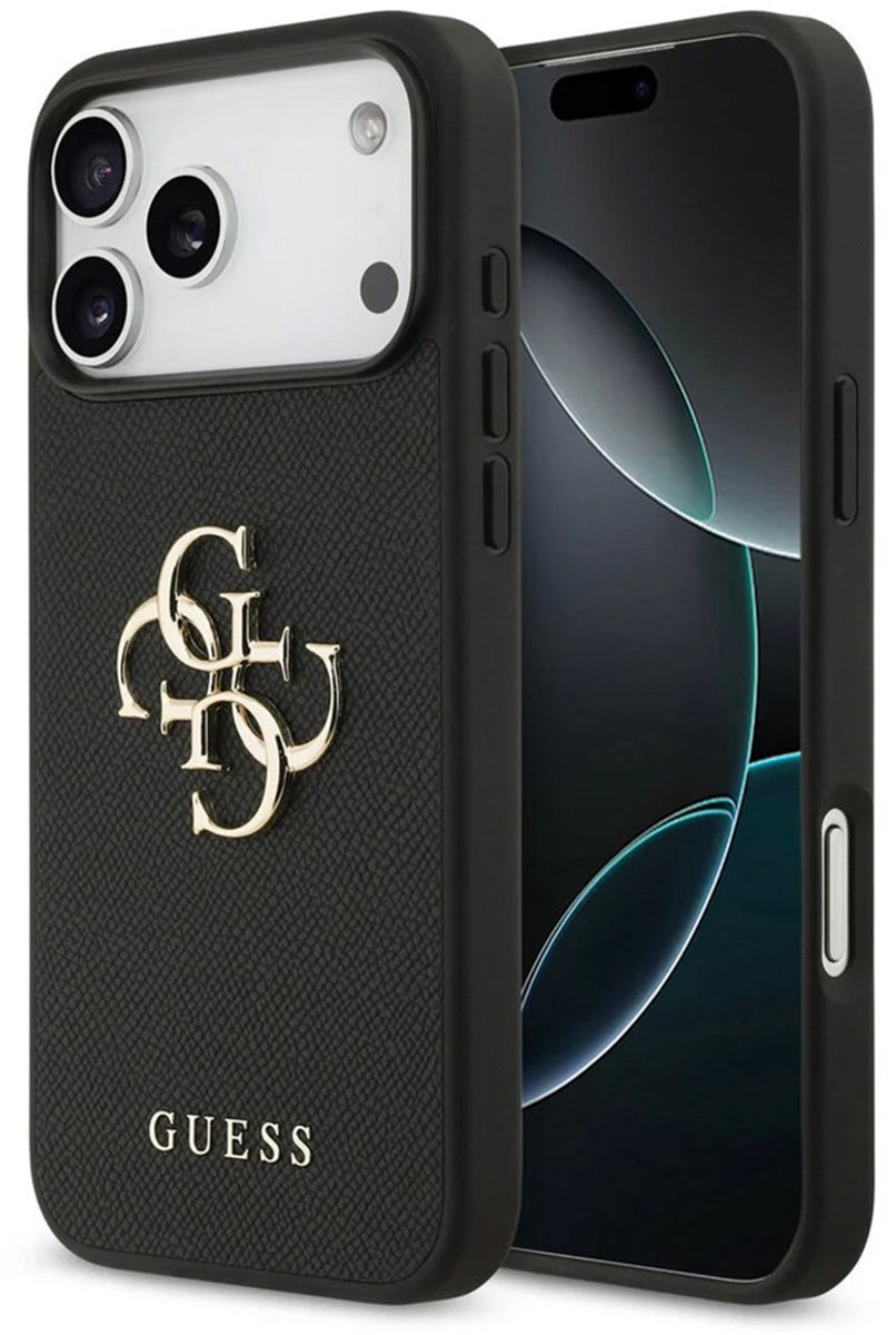 Guess Back Cover - iPhone 17 Pro - Zwart - Saffiano-textuur - Goud Logo