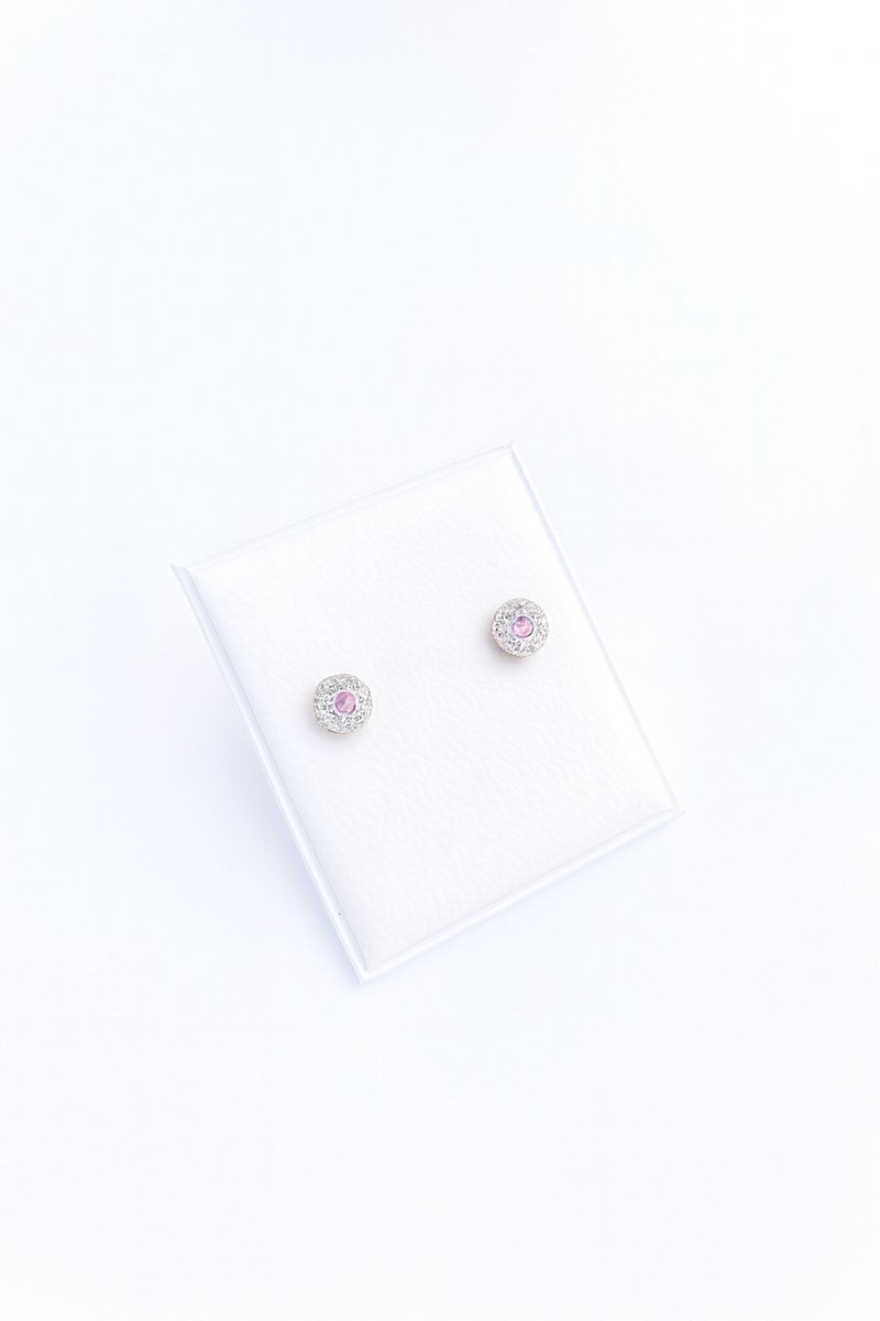 Sparkle Oorbellen – 9 Karaat Wittegoud met Rose Middensteen Oorknopjes, 4.5mm., incl. Geschenkverpakking