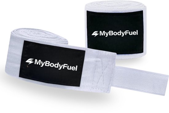 Twee witte bokszakbandages van MyBodyFuel met zwarte labels, op witte achtergrond.
