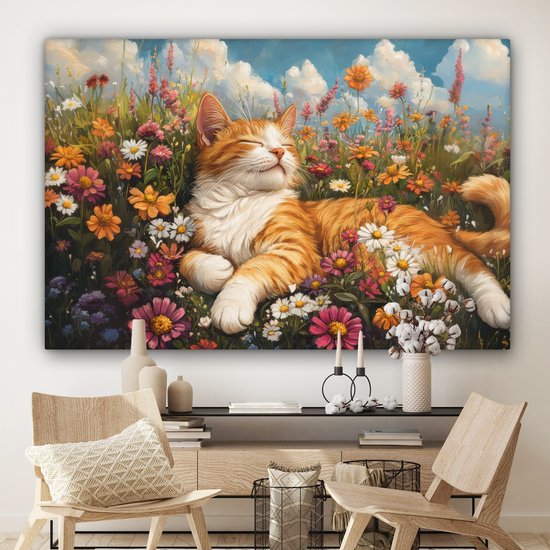 Tableau sur toile 180x120 cm - Décoration murale exclusive Chat - Fleurs - Relax - Décoration murale salon - Décoration chambre - Accessoires chambre - Peintures sur toile