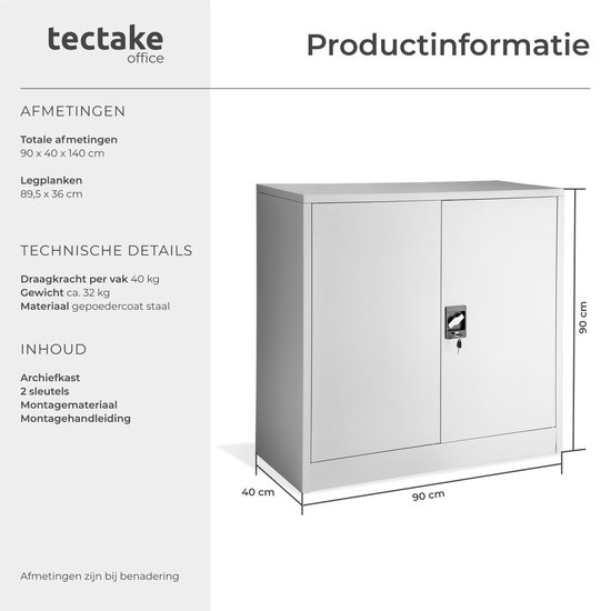 Gesloten grijze metalen archiefkast met afmetingen 90x40x90 cm. Links tekst over afmetingen en technische details.
