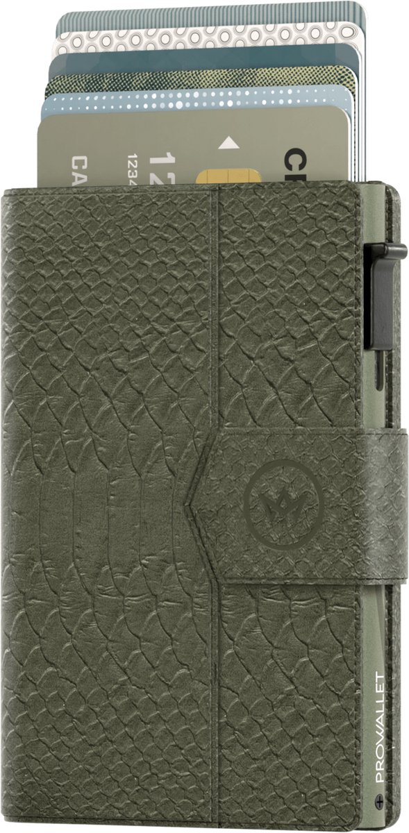 Prowallet Plus - Snake Olijfgroen - Pasjeshouder voor 8 pasjes, briefgeld en muntgeld - Uitschuifbaar - RFID Creditcardhouder - Kaarthouder Portemonnee, Premium Pashouder voor Vrouwen - Aluminium, Kunstleer - Incl. Luxe Cadeaubox