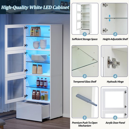 Vitrine Rangement Avec Éclairage LED 60x40x173 Cm - 3 Portes Acrylique - 6 Etagères Réglables - Blanc