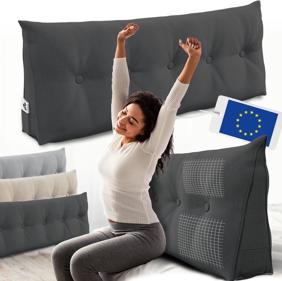 Coussin de soutien dorsal ELONEO, coussin triangulaire et coussin de tête de lit pour lit et canapé, housse amovible et lavable, poche latérale pratique