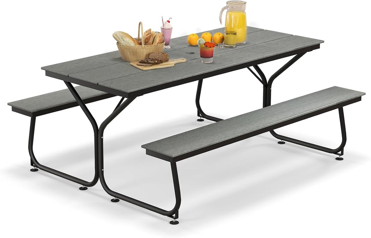 Picknicktafelset voor 6-8 personen met bankjes en parasolgat - Perfect voor buitenactiviteiten