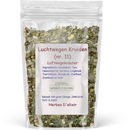 Zakje luchtwegen kruiden (nr. 11) met ingrediëntenlijst: Hondsdraf, Tjm, Heemstwortel, Iersmos, Longkruid, Weegbree, Zoethout, Zonnehoed en Salie.