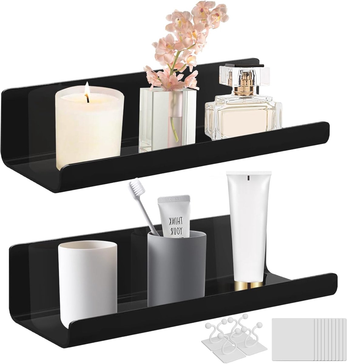 Set van 2 wandplanken - zwart - acryl - zwevend rek voor aan de muur zonder boren - eenvou