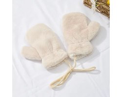 Pluchen Wanten met Teddy Voering - Wanten Kind - Kinderwanten - met Koord - 3-5 jaar - Crème/ Beige