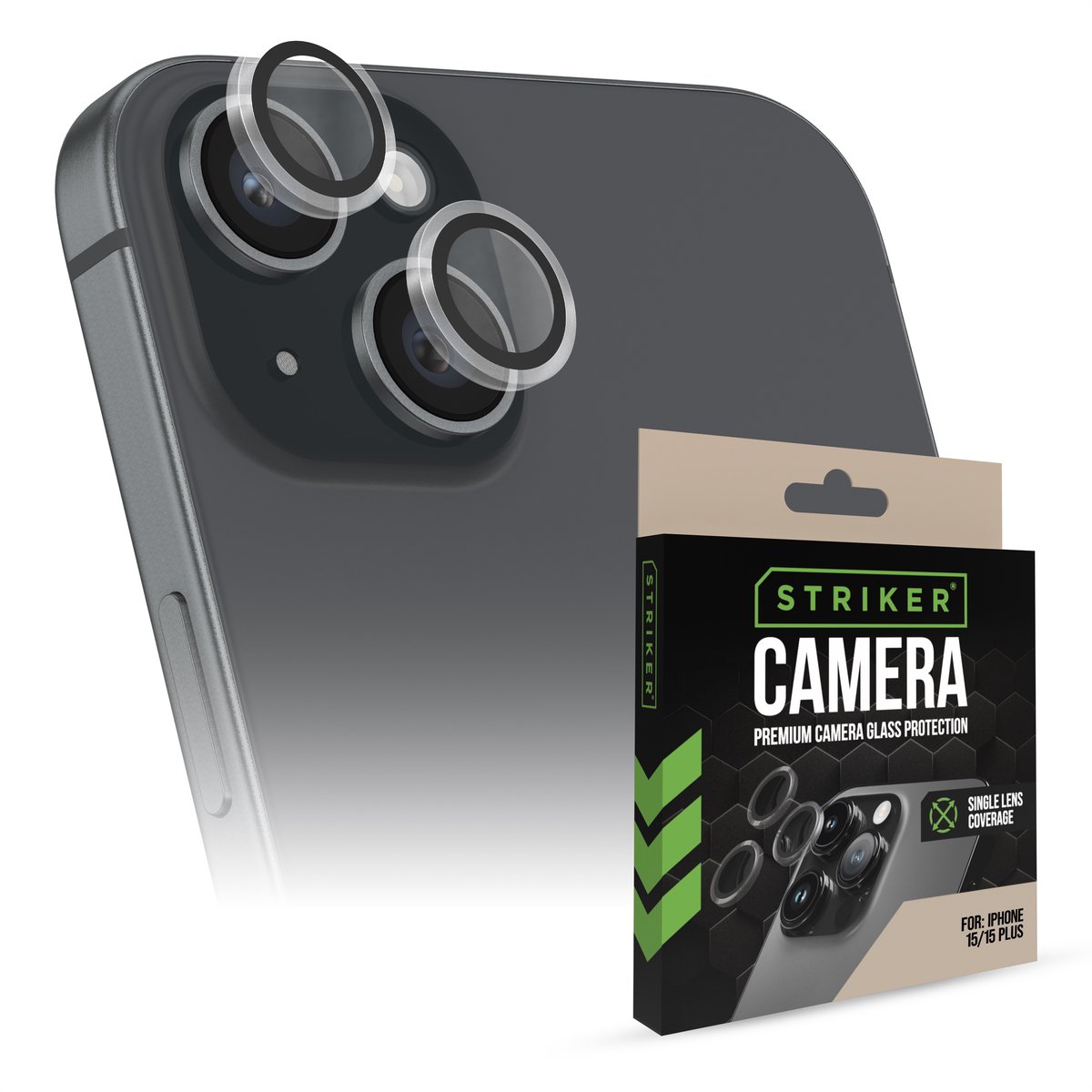 Striker Screenprotector geschikt voor Apple iPhone 15 Plus Glazen | Striker Single Lens Camera Lens Protector - Case Friendly - Zwart