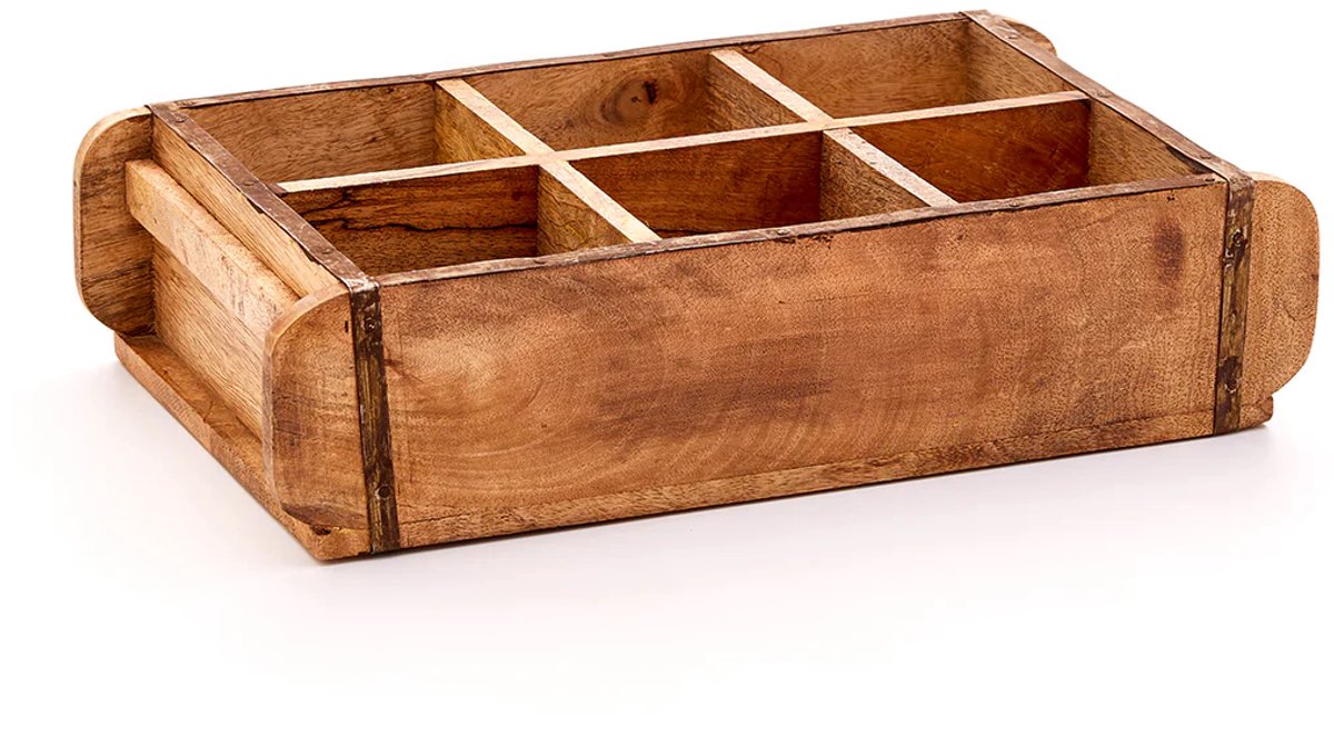 Vintage houten kist - baksteenmal met 6 compartimenten - handgemaakt en duurzaam met metalen beslag