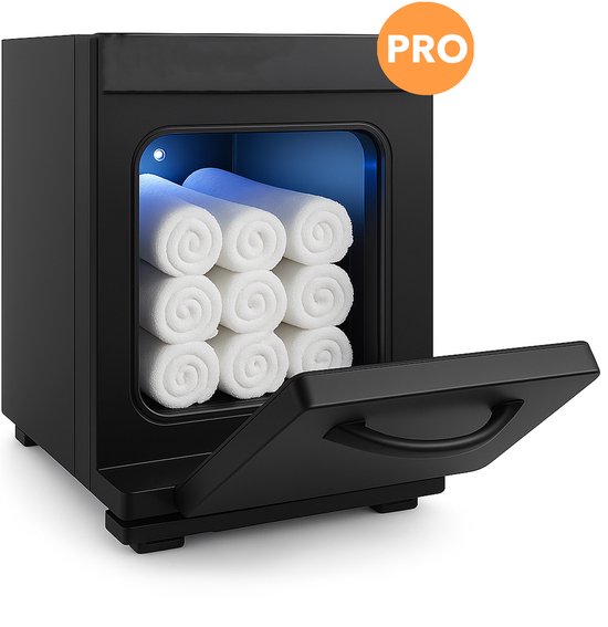 Zwarte handdoekwarmer met open deur, vol met 8 opgerolde witte handdoeken. Oranje 'PRO' label in de hoek.