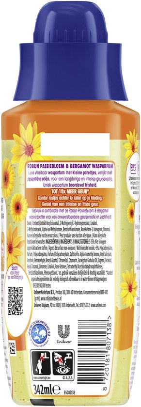 Achterkant van Robijn Intense wasparfum Passiebloem & Bergamot fles met productinformatie en gele bloemen.