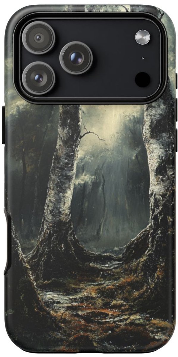 Donkere Berkenbomen in Sfeervol Bos – Telefoonhoesje Geschikt voor iPhone 17 Pro Max