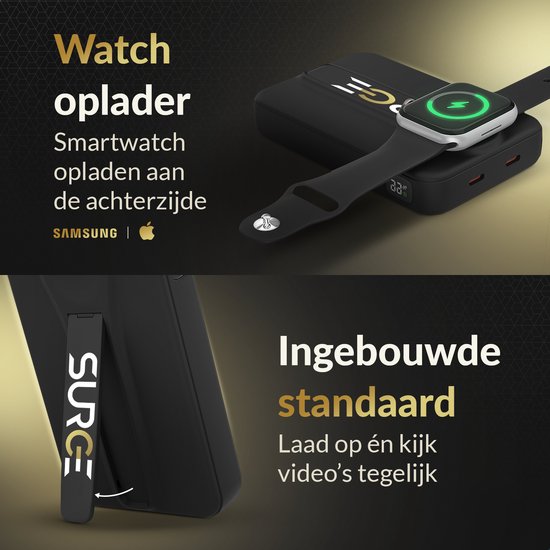 Zwarte powerbank met smartwatch laadfunctie aan de achterzijde. Ingebouwde standaard voor handsfree gebruik.