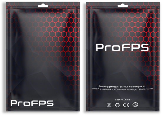 Zwarte verpakking met rood honingraatpatroon en ProFPS logo, voor- en achterkant weergegeven.