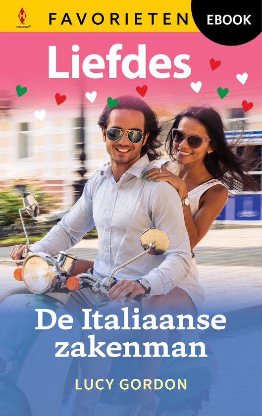 Een lachende man op een scooter met een vrouw achterop. Titel: Liefdes Favorieten - De Italiaanse zakenman.