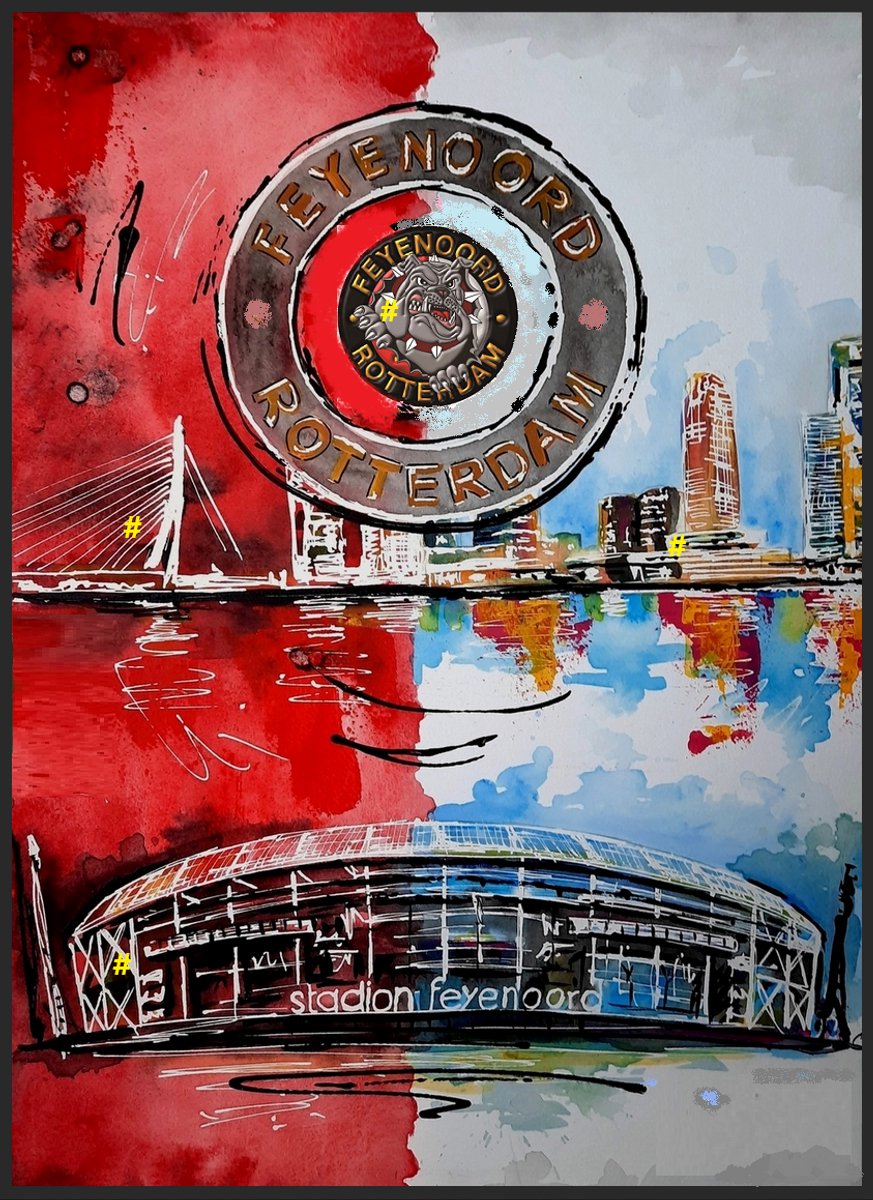 Feyenoord Bulldog / Erasmusbrug Skyline Rotterdam Metalen Wandbord 20x30 cm - Wandbord mancave - Kroeg decoratie - Tekstbord - Metalen wandbord - Metalen wanddecoratie