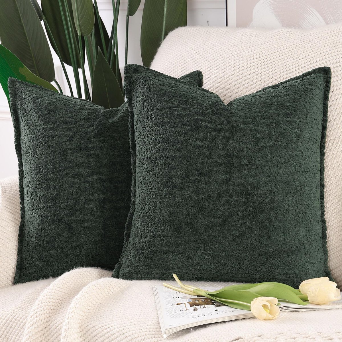 Azomor® Set van twee zachte kussenhoezen in chenille voor woonkamer of slaapkamer