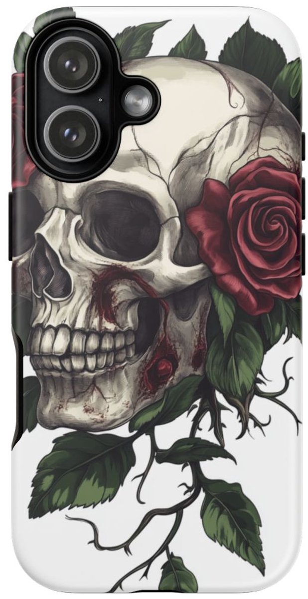 Schedel met Rode Rozen en Groene Bladeren – Telefoonhoesje Geschikt voor iPhone 17