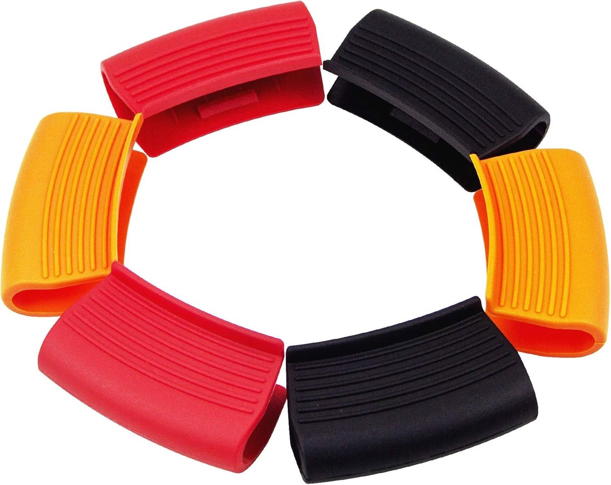 Daity 6 stuks siliconen houders voor hete handgrepen, pannenlaphoezen, antislip pannenlaphoezen, hittebestendige pannenlappen, kookgerei handgrepen voor gietijzeren koekenpannen (rood, oranje, zwart)