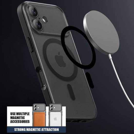 IYUPP Hoesje Geschikt voor iPhone 17 Hoesje - Geschikt voor MagSafe - Shockproof Back Cover - Mat Zwart Transparant