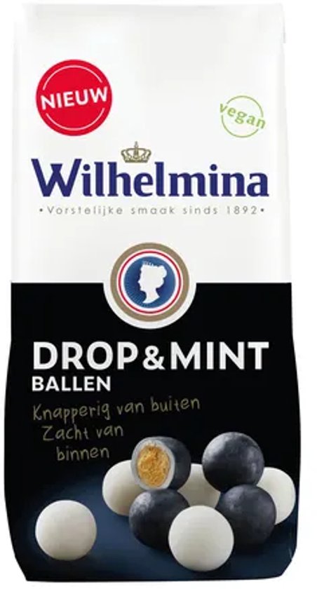 Wilhelmina Drop & Mint Ballen. Nieuw, vegan. Knapperig van buiten, zacht van binnen. Wit en donkerblauwe ballen.