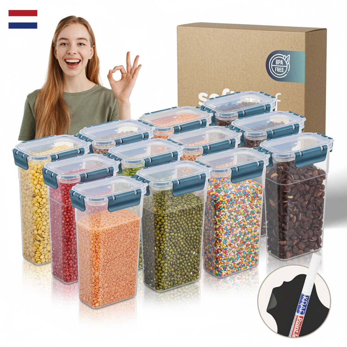 Soft Chef Slim Clara Deep Box – 12-delige Voedselbewaarset (12×1580 ml) – Transparant met blauwe klikdeksels & silicone ring – BPA-vrij – Luchtdicht & Stapelbaar