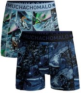 Twee Muchachomalo boxershorts met ice age thema. Blauw en groen met mammoeten en prehistorische mensen.