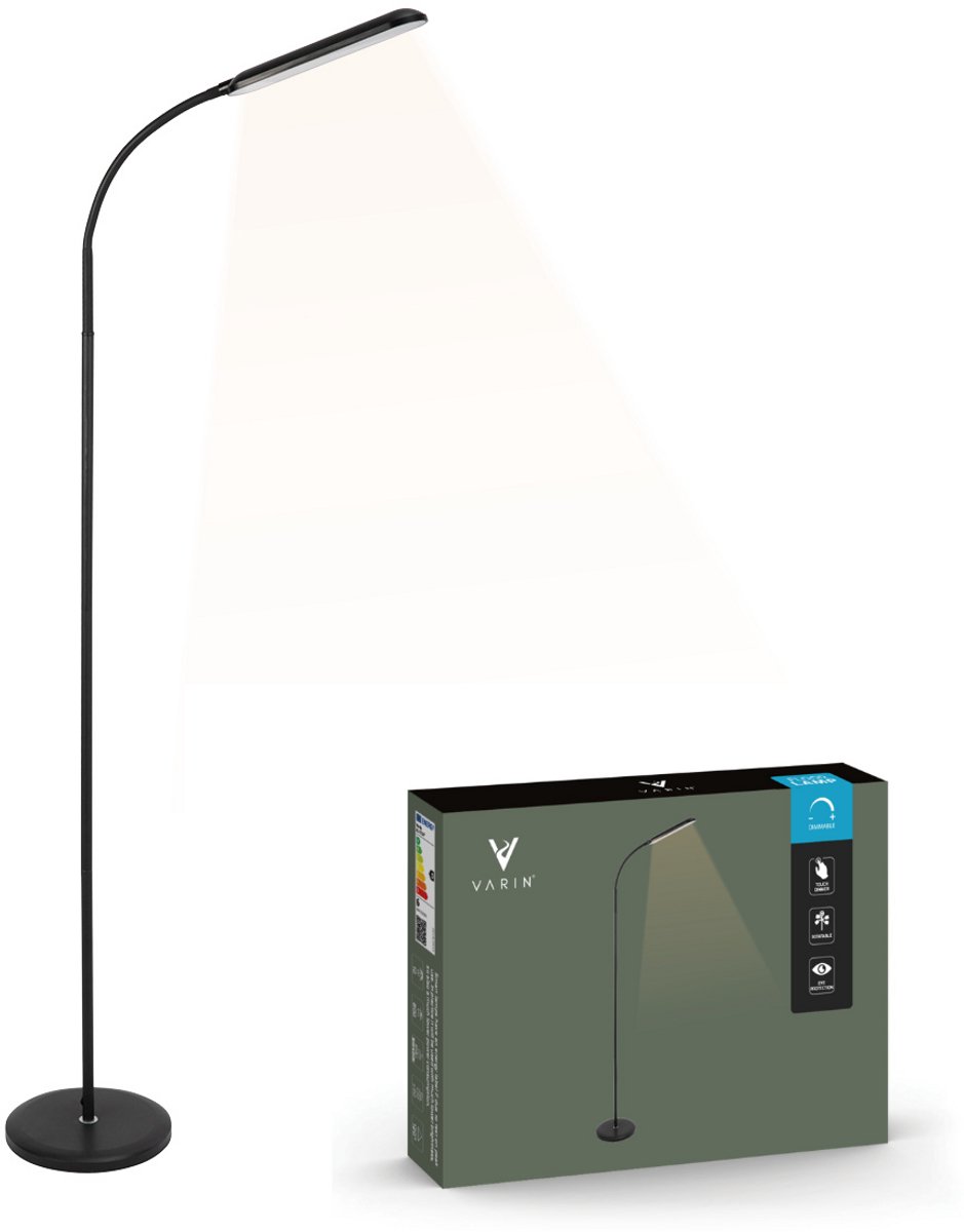 Varin® Design LED leeslamp ultra-plat - Zwart - Dimbaar - 3 Kleurtinten - 10W (eq. 75W) - 800 lumen - Vloerlamp woonkamer - Staande lamp slaapkamer - Modern - Lampen instelbaar - Touchknop - Flexibele hals - Daglichtlamp - Vloerlampen industrieel