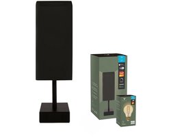 Varin® Tafellamp Zwart met zwart stalen voet – Vierkant – Katoen kap – E27 Smart Led lamp – Tuya Wifi – RGB Witlicht – Industrieel Tafellampen – Bureaulamp – Nachtlamp – Slimme verlichting nachtkastje slaapkamer, woonkamer, keuken, kantoor