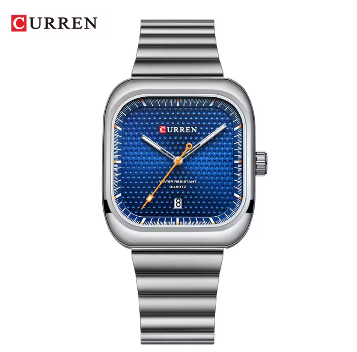 CURREN Horloge 8460 - Zilverkleurig-Blauw - Heren - Quartz - Vierkante Kast - Kalender - Stalen Band - Fris en Zakelijk