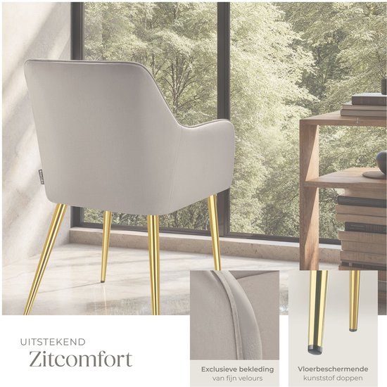 Chaise grise en velours vue de dos, avec pieds dorés et revêtement détaillé.
