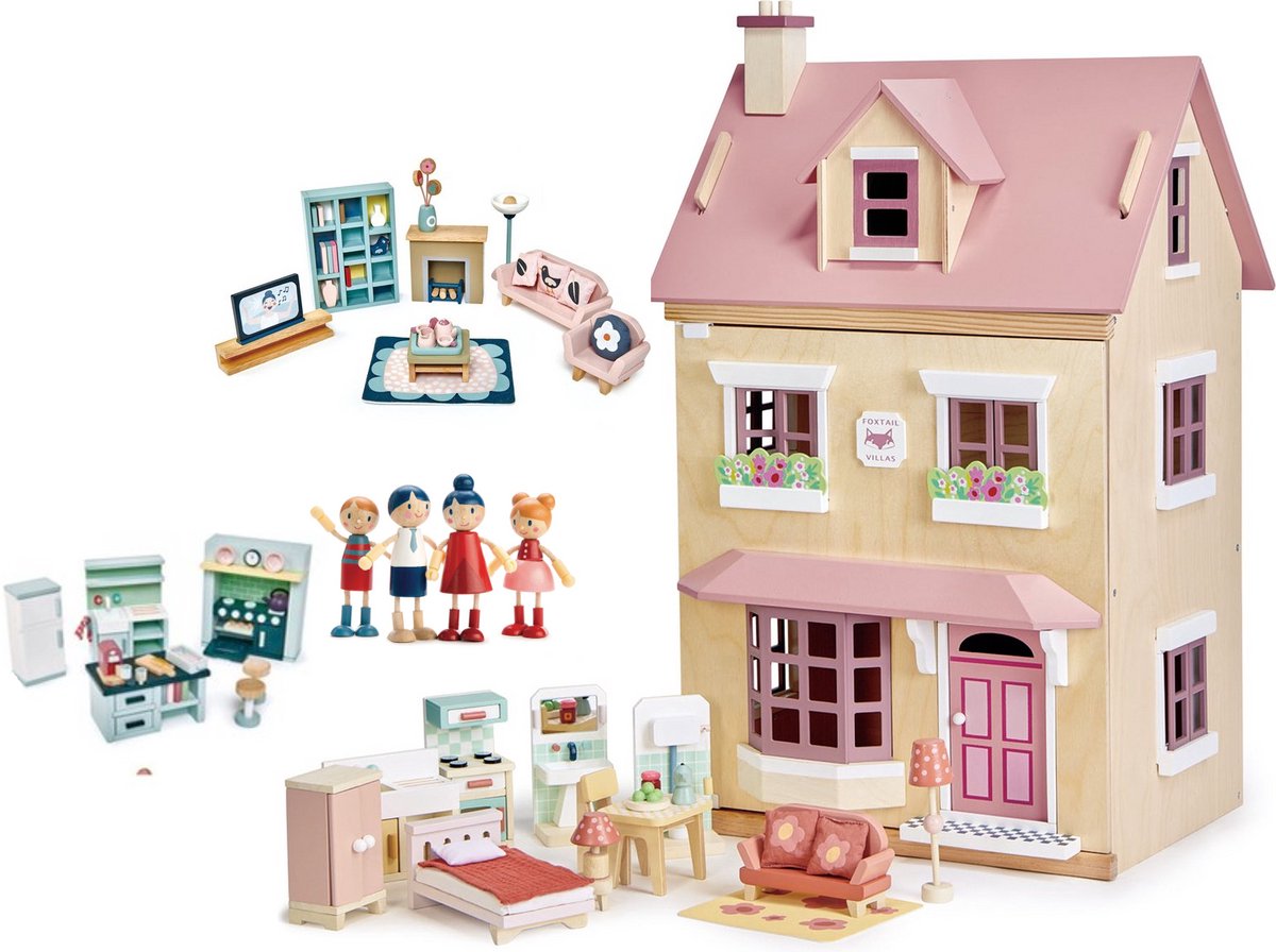 [D] Tender Leaf uniek houten poppenhuis Villa Foxtail XXL 3 verdiepingen inclusief houten poppen familie woonkamer en keuken/slaapkamer meubels - 40 x 72 x 90 cm cm