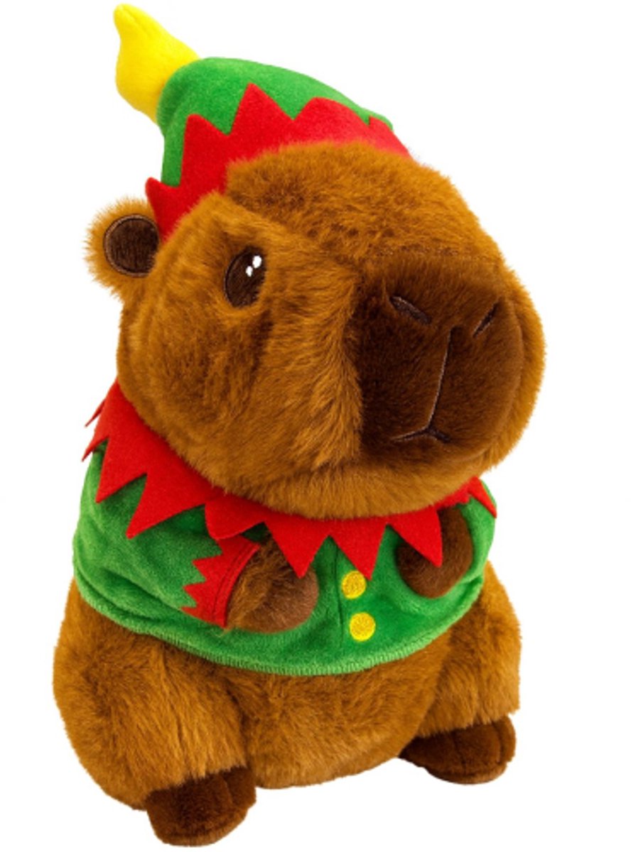 Capibara Kerstelf Pluche Knuffel 26 cm - Capybara Knuffels Knuffeldier - Groot Bruin Knuffels Dierenknuffel - Kapibara Kapybara - Speelgoed Kawaii Kussen - TikTok Plush Toy - Kerst Christmas Feestdagen
