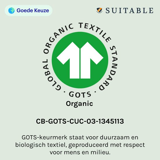 GOTS Organic keurmerk voor duurzaam en biologisch textiel, met certificaatnummer.