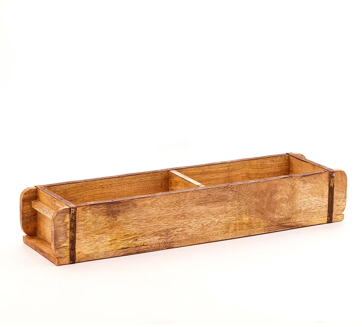 Lange baksteenvorm - houten decoratieve kist met 2 vakken - vintage look met metalen beslag