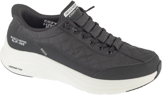 Zwarte sneaker met ruitpatroon, hoge witte zool en 'Skechers Slip-ins' tekst.