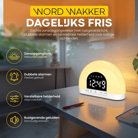Wake-up Light Wekker – Zonsopgang Simulatie – Dubbele Alarmfunctie – Nachtlampje & Slaaptrainer – Compact Design van JD Quality — afbeelding 2