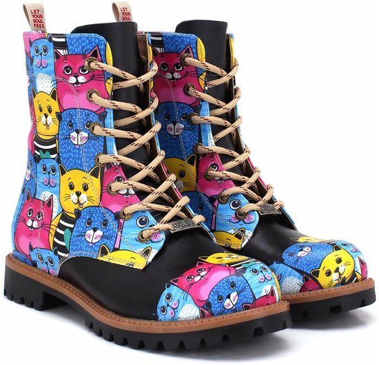 Bottes femmes pour femmes Goby Purrfect Steps taille 37 - Imprimé chat coloré - Chaussures à lacets confortables