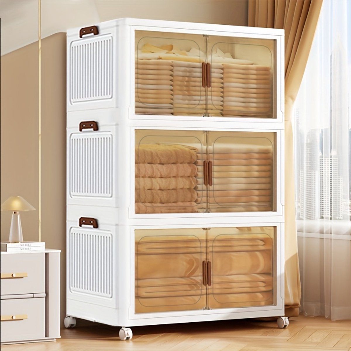 3 Lagen Opbergdozen met Deksel - 81L Opbergdozen Opbergkast Opvouwbaar - Opbergkasten met wielen en deuren - Breedte 45cm- Opbergen Organizer stapelboxen - Opruimen - Keuken - Badkamer - Woonkamer - Slaapkamer