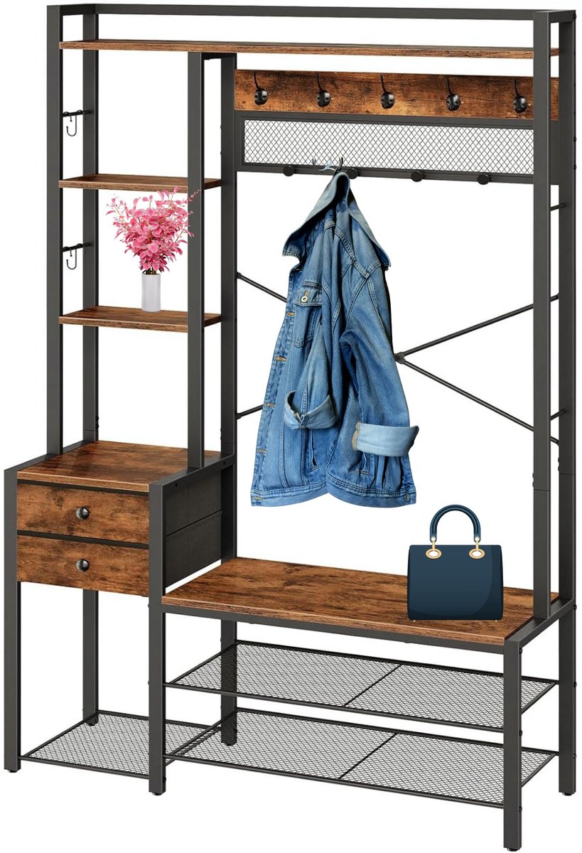 Signature Home Kapstok met schoenenbank - Garderoberek 16 haken - kledingrek - entreemeubel met laden van vliesstof - garderobe met zitbank - voor woonkamer - hal - bruin - zwart - 40 x 106 x 180