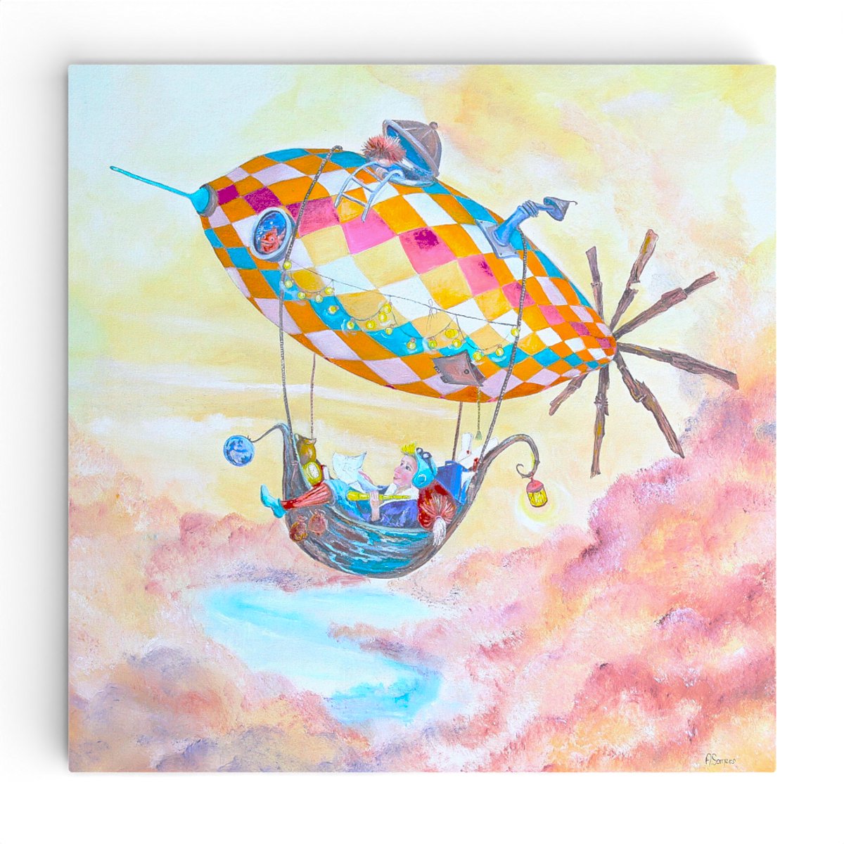 Twinkelschilderijen poster kinderkamer - Zeppelin Ferdy op vakantie - Fantasie wanddecoratie kinderkamer en babykamer - Kunststof Poster muurdecoratie 60x60 cm | Incl GRATIS ophangsysteem |