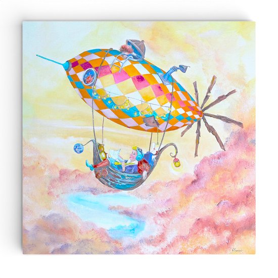 Twinkelschilderijen poster kinderkamer - Zeppelin Ferdy op vakantie - Fantasie wanddecoratie kinderkamer en babykamer - Kunststof Poster muurdecoratie 60x60 cm | Incl GRATIS ophangsysteem |