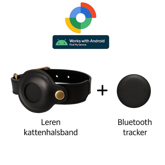 Zwarte leren kattenhalsband en zwarte bluetooth tracker, met Android logo.